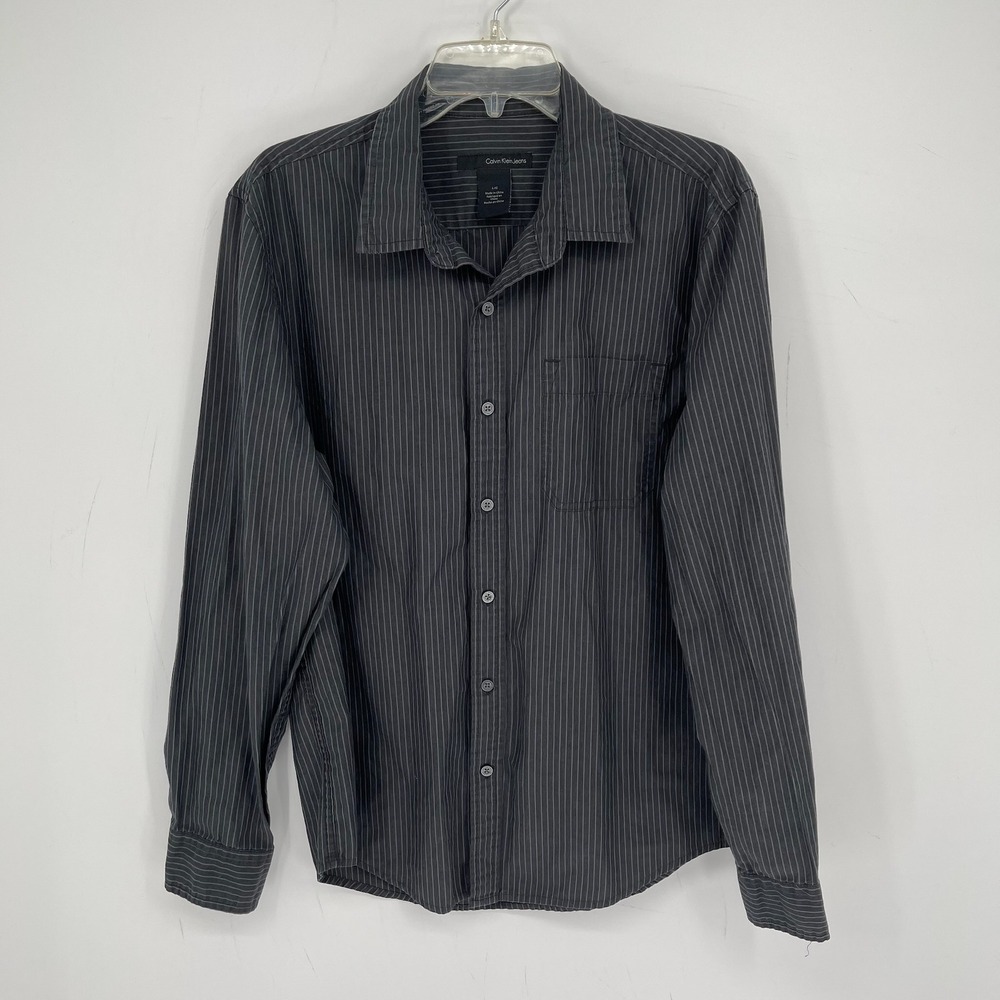 Calvin Klein Jeans Mens Y2K Gray Pinstripe Long Sleeve Button Front Shirt Size L